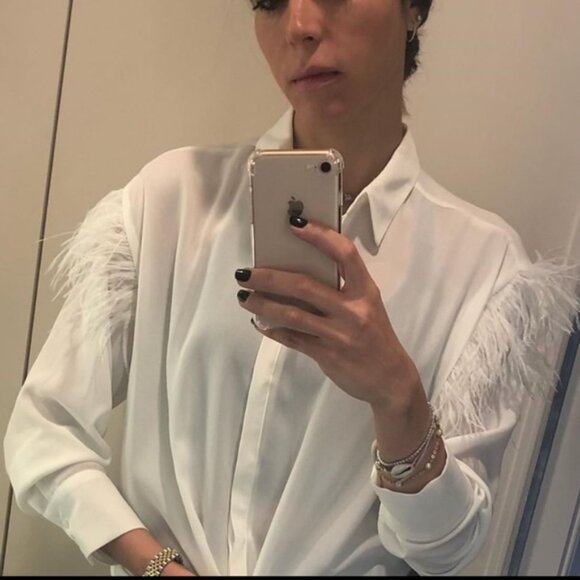 ZARA Semi Sheer White Feather Sleeve Button Down in Ecru sz S - Picture 1 of 15